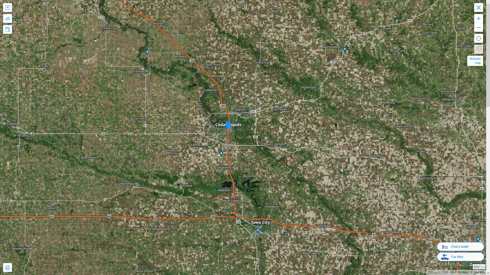 Cedar Rapids iowa Highway and Road Map with Satellite View